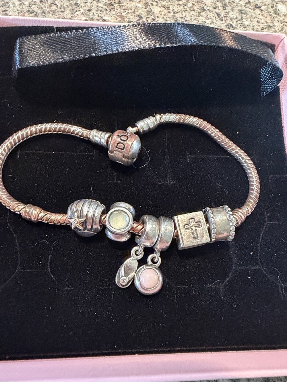 Pandora 6 Charm Bracelet with Cross and Dangle Charms
